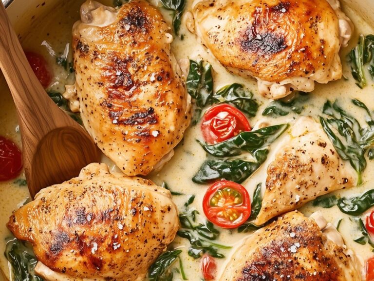 Recipe: Braised Chicken in Cream Sauce with Spinach & Tomato with Dessert